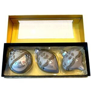 Christian Lacroix Beaded Glass Ornament Set of 3 Iridescent Pink & Gold NEW